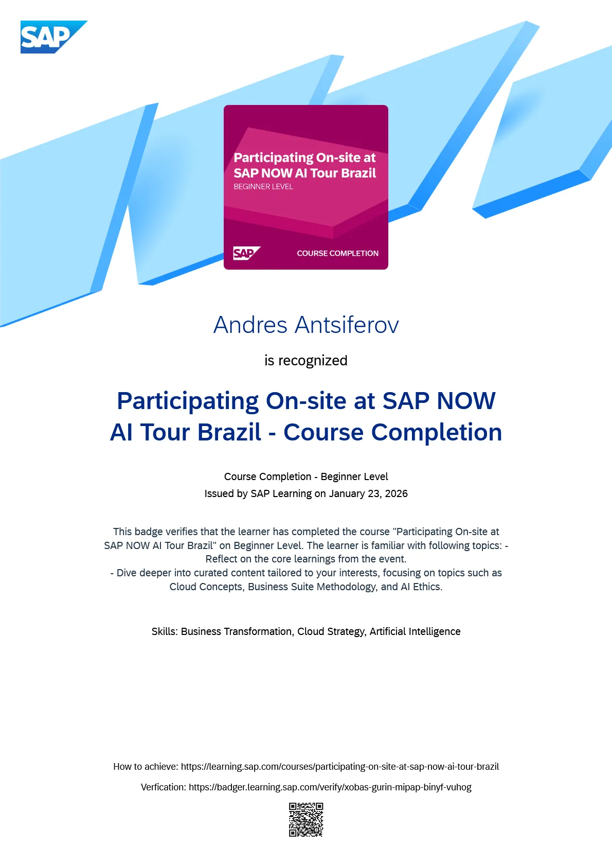 Andres Antsiferov - Participating On-site at SAP NOW AI Tour Brazil - Course Completion