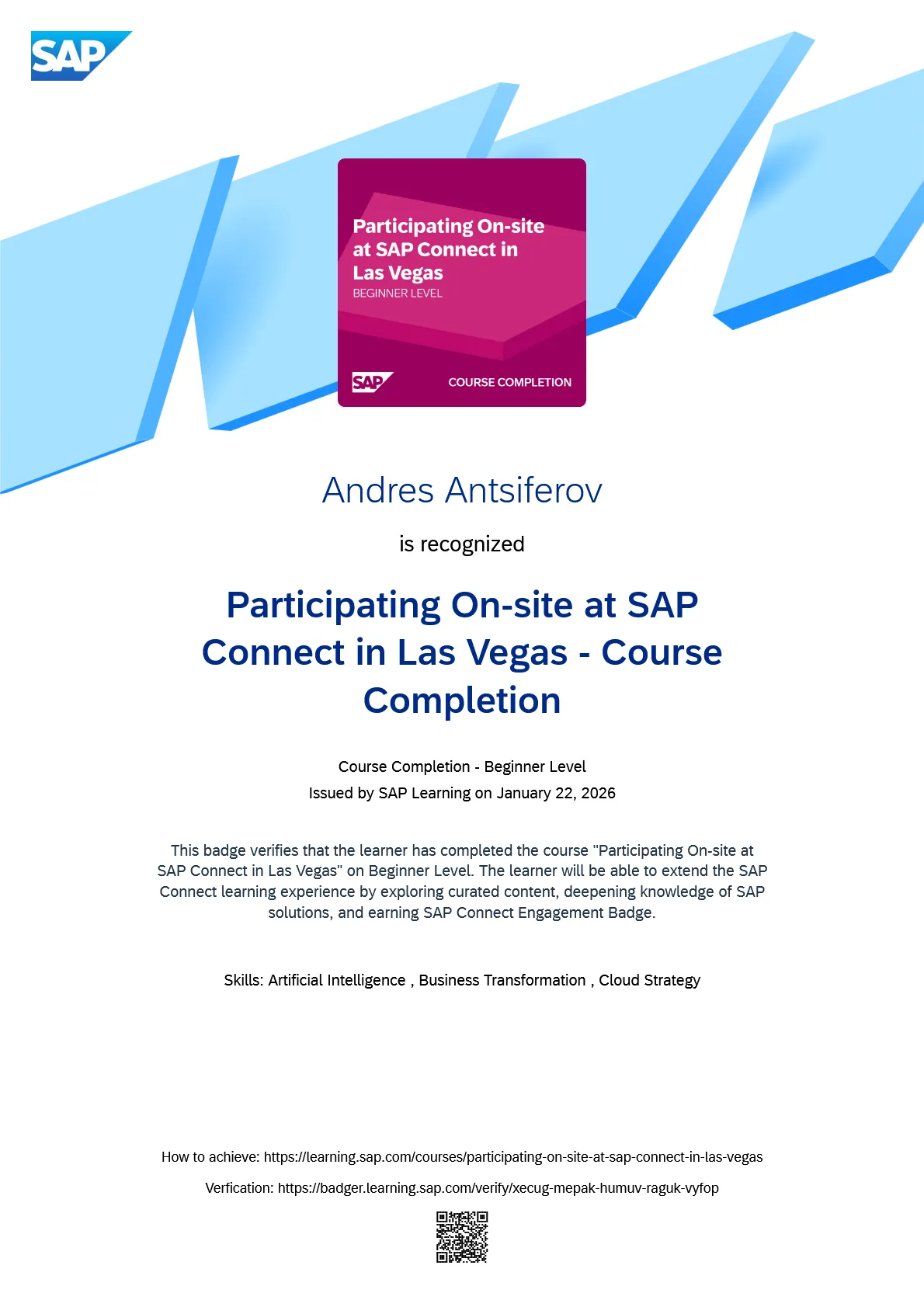 Andres Antsiferov is recognized Participating On-site at SAP Connect in Las Vegas - Course Completion